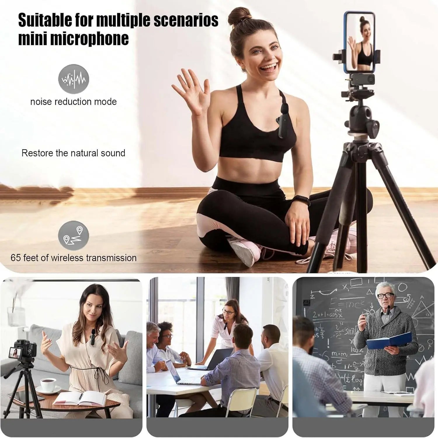 Professional Wireless Lavalier Microphone with Intelligent Noise Cancelling, Noise Cancelling Mics, Plug & Play for Iphone and Android Smartphones, Rechargeable Lapel Mic for Video Recording, Teaching, Interviews and Podcasts